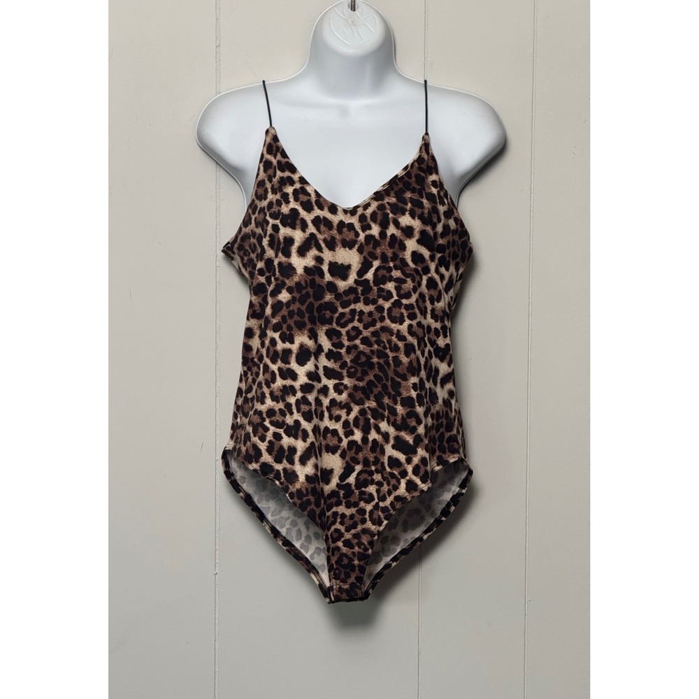 Gaze Women's Leopard Print Bodysuit V-Neck Spaghetti Strap Animal Print Size M